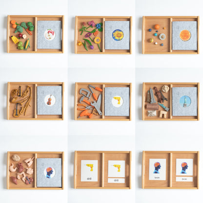 Montessori classification set displayed in a grid showing multiple categories with mini objects and cards