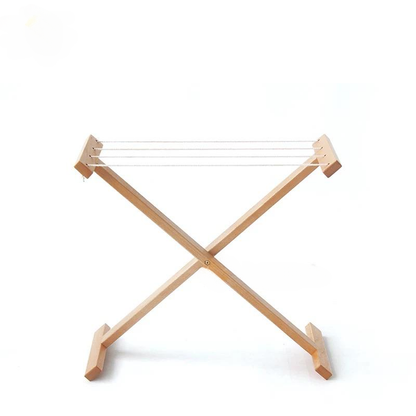 Montessori wooden clothes drying rack with dimensions shown for toddler practical life activities
