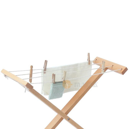 Montessori clothes drying rack fully opened showing multiple drying lines for toddler practical life work