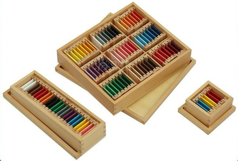 Montessori color box 1, 2 and 3 bundle with wooden cases, complete sensorial material for color matching, grading, and visual discrimination