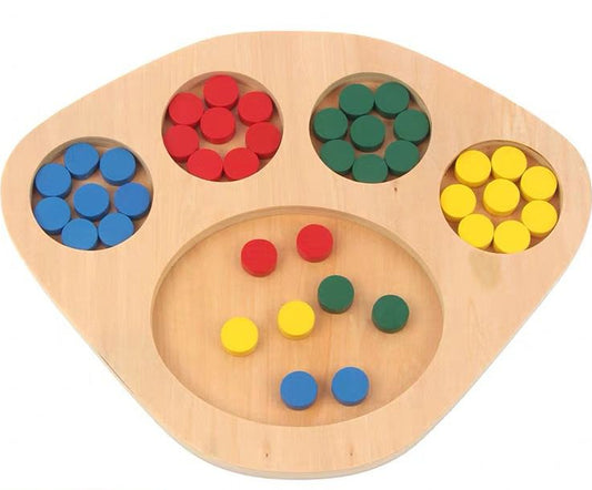 Montessori wooden color sorting tray with colored discs for toddler fine motor development