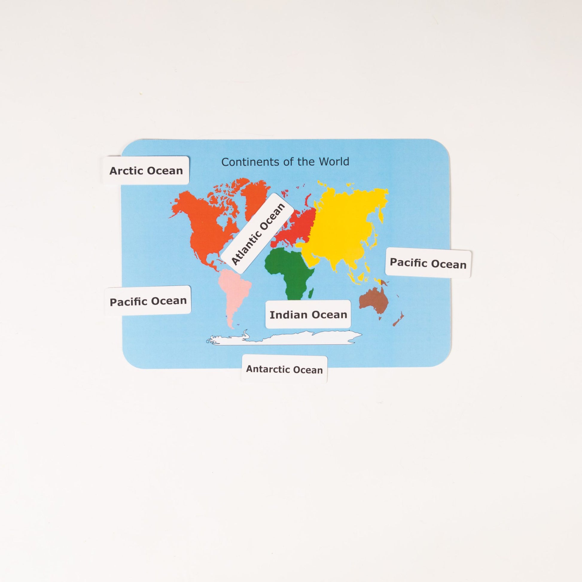 Montessori continents and oceans map with labels for geography classification work