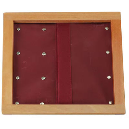 Back view of Montessori dressing frame with buckle clips, wooden frame practical life Montessori material