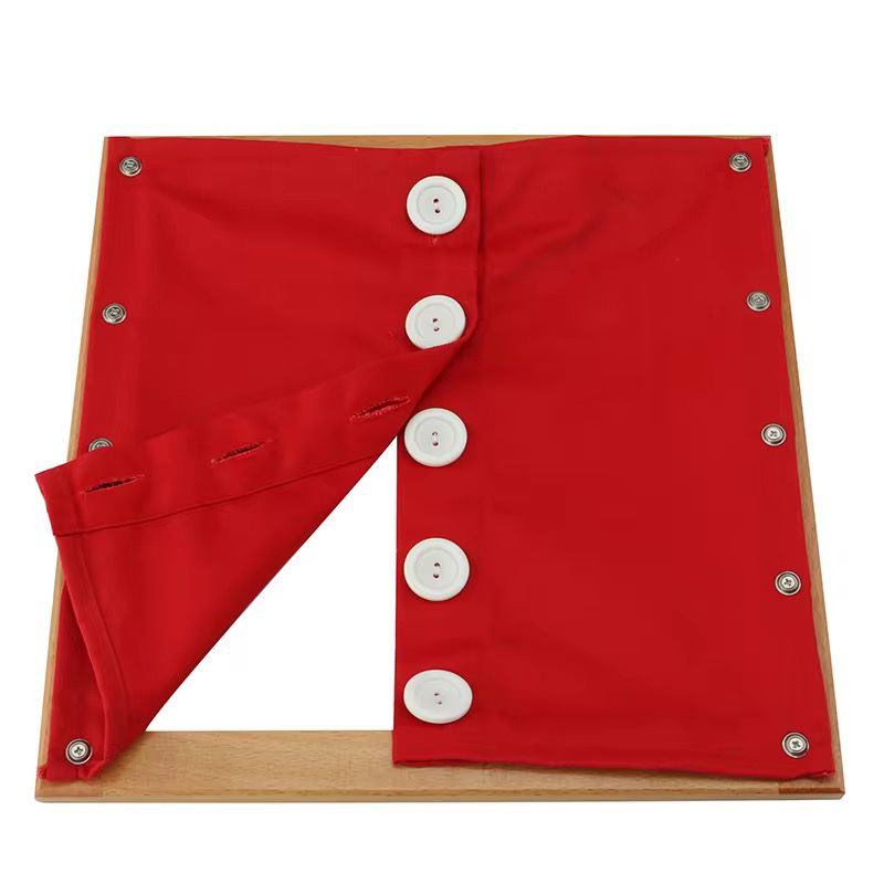 Montessori button dressing frame showing open buttons, practical life activity for fine motor skill development