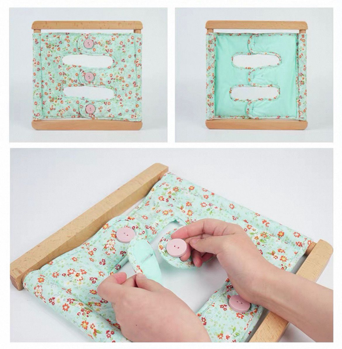 Montessori button dressing frame for toddlers, practical life activity to practice buttoning skills and fine motor development