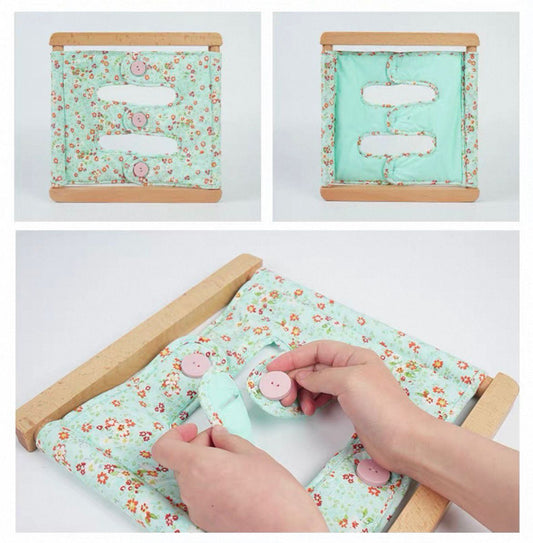 Montessori button dressing frame for toddlers, practical life activity to practice buttoning skills and fine motor development
