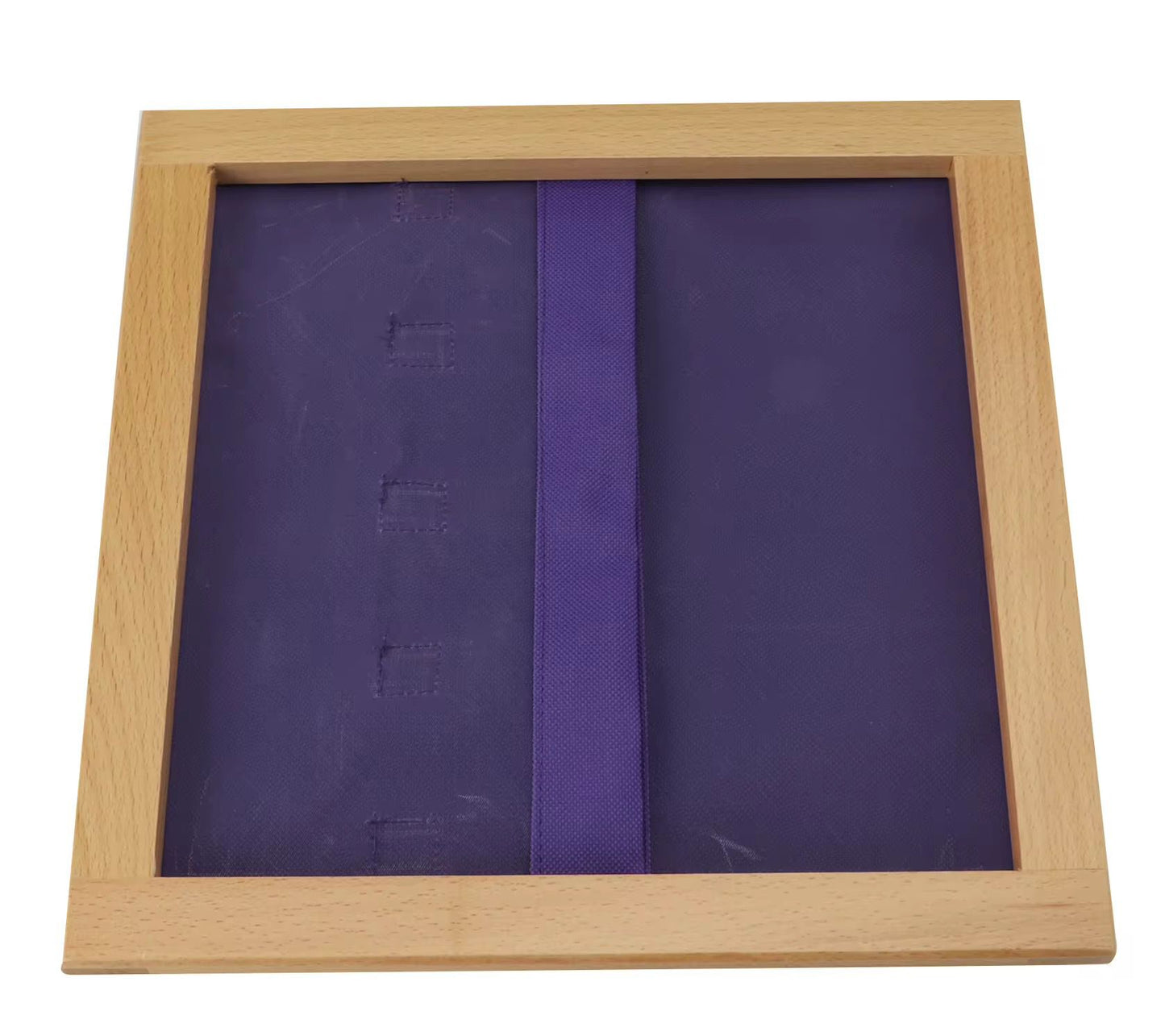 Back view of Montessori velcro dressing frame with wooden frame, practical life Montessori learning material