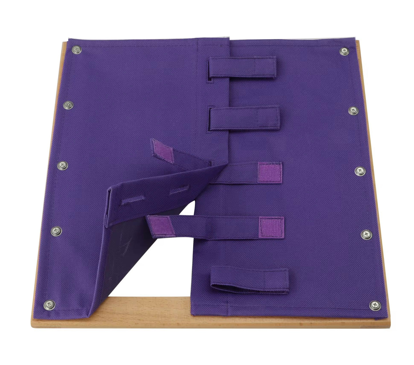 Montessori velcro dressing frame with open velcro straps, practical life activity for children