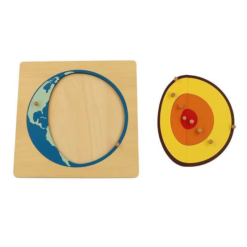 Close-up of Montessori layers of the earth puzzle with wooden knobs for easy grasping