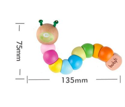 Montessori wooden flexible caterpillar toy with colorful articulated beads and product dimensions, promoting grasping, sensory development, fine motor skills, and early learning for young children.