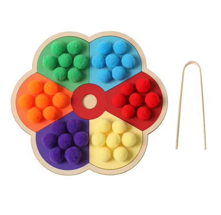 Montessori flower color matching board with pom pom sorting activity for preschool learning