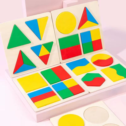 Set of four Montessori fraction puzzle boards stacked together for math learning