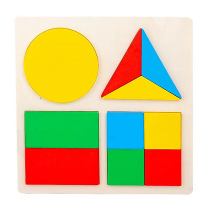 Wooden Montessori fraction puzzle board with colorful geometric shapes for math learning