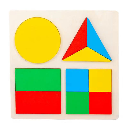 Wooden Montessori fraction puzzle board with colorful geometric shapes for math learning