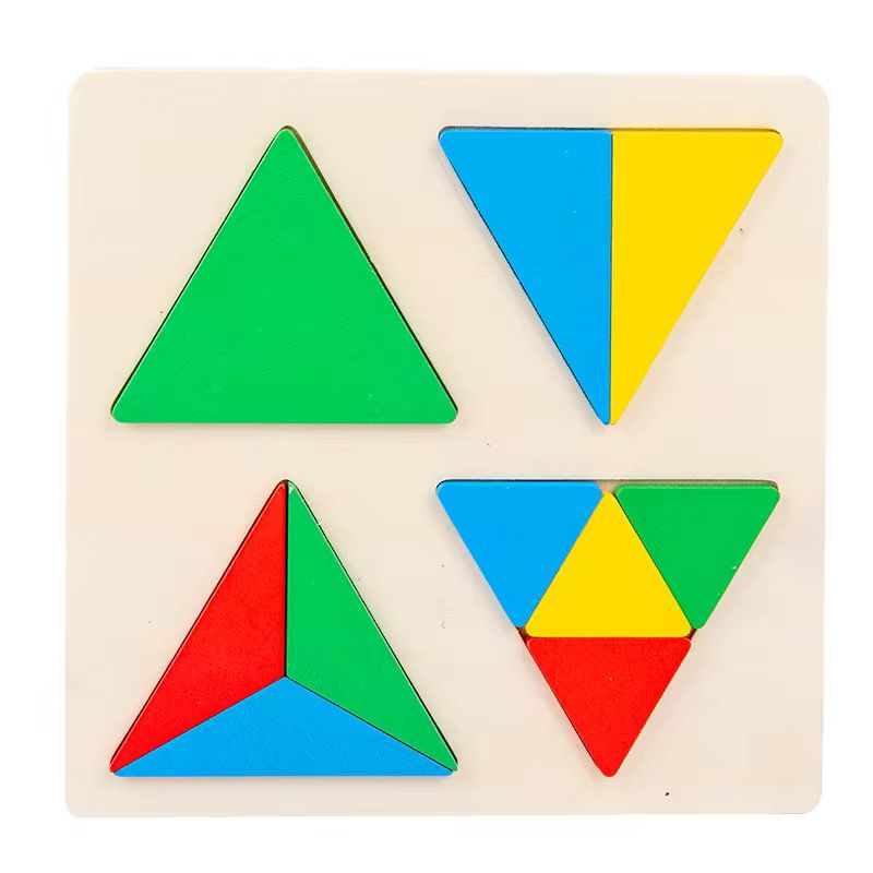 Fraction puzzle board with triangles and shapes for Montessori math activity