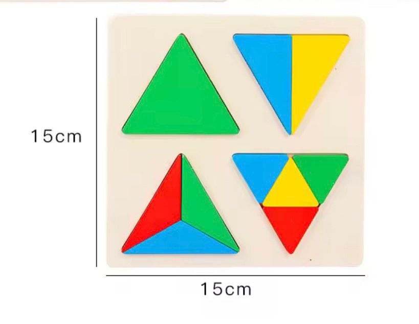 Montessori fraction puzzle board showing geometric fraction pieces with size details