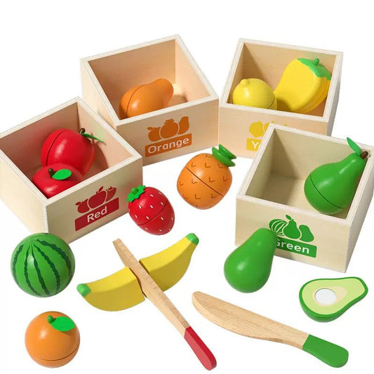 Montessori practical life fruit cutting and color sorting activity set for toddlers