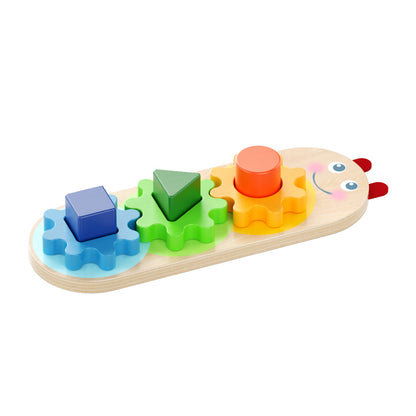 Montessori wooden gear shape sorting puzzle board with colorful interlocking gears and geometric blocks, designed to develop fine motor skills, shape recognition, problem-solving, and hand-eye coordination for toddlers.