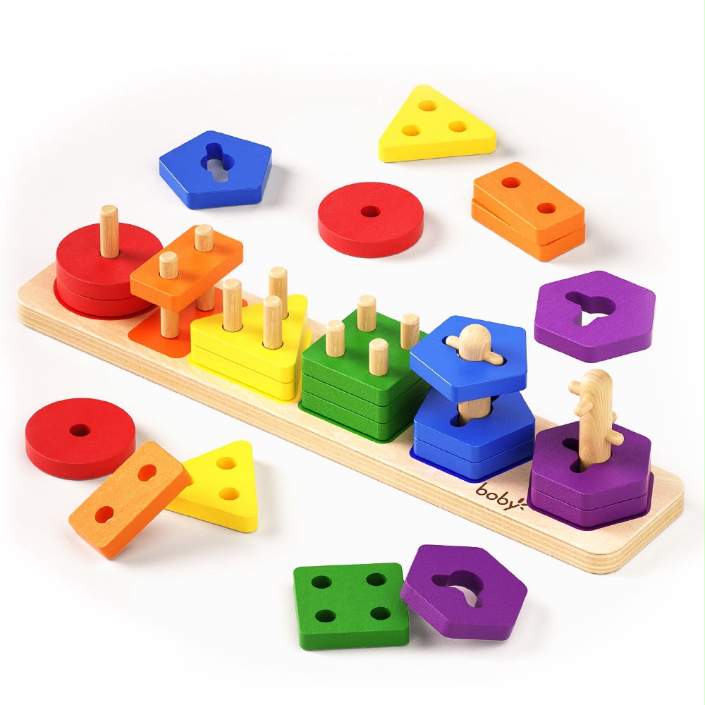 Montessori Geometric Shape Peg Stacker with colourful wooden shapes