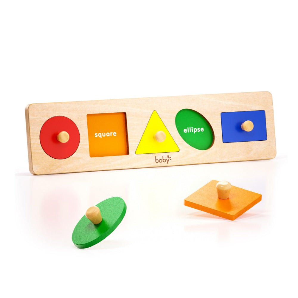 Montessori wooden geometric shapes knob puzzle strip board featuring circle, square, triangle, ellipse, and rectangle pieces to develop shape recognition, fine motor skills, and hand-eye coordination for toddlers.