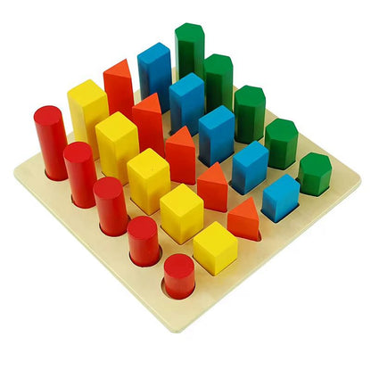 Montessori geometric shapes ladder puzzle with colorful wooden blocks arranged in ascending height, sensorial material for shape recognition and visual discrimination