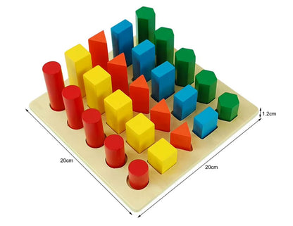 Top view of Montessori geometric shapes ladder puzzle showing cylinders, cubes, prisms, and pyramids for size gradation and early math learning