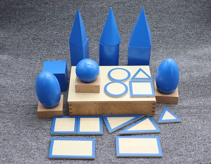 Montessori Geometric Solids - Sensorial 3D Shape Material with Bases and 2D Matching Cards