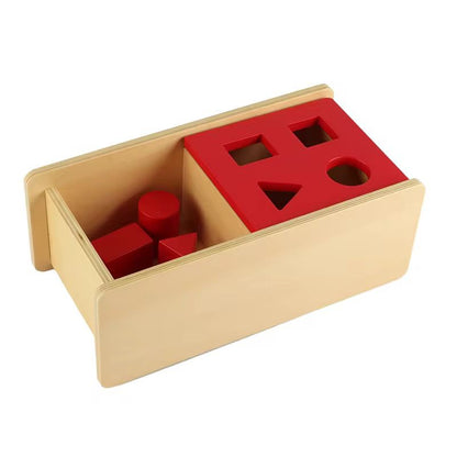 Wooden imbucare box showing square rectangle cylinder and triangle  