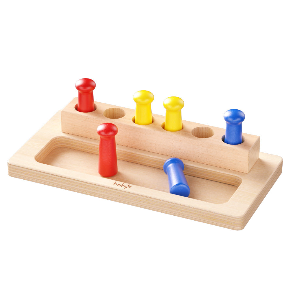 Wooden Montessori Imbucare Peg Box with easy-grip colored pegs for toddlers, designed to develop fine motor skills, hand-eye coordination, pincer grasp, and early Montessori learning.