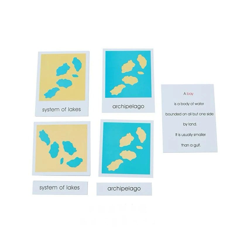 Montessori land and water form geography nomenclature set with 3-part classified cards for learning landforms and water bodies