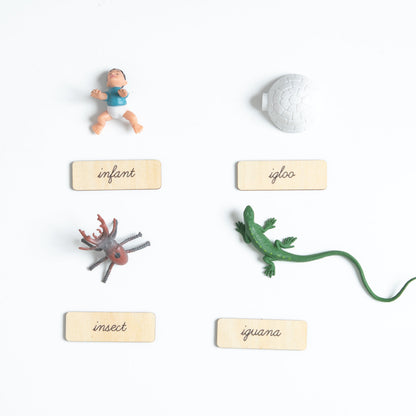 Montessori language objects for letters U to X for phonetic awareness