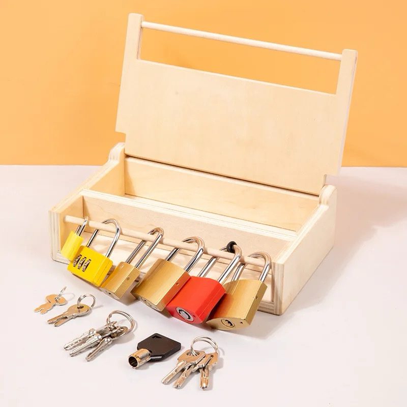 Montessori lock and key box with multiple locks and keys designed to develop fine motor skills and hand coordination