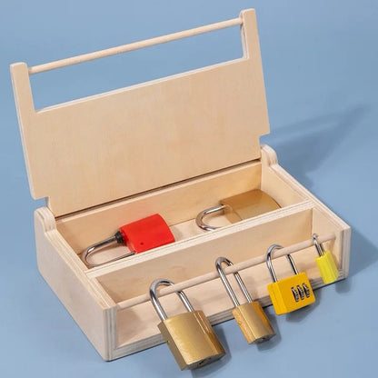 Child-friendly lock and key activity encouraging independent practice of locking and unlocking mechanisms