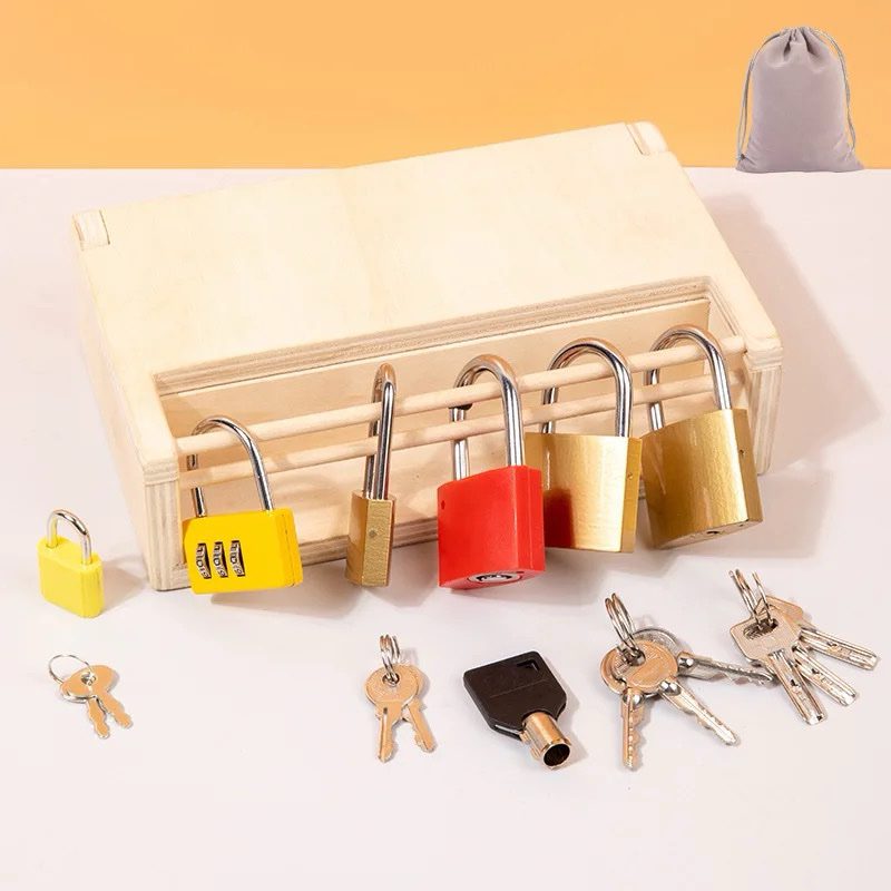 Close-up of different locks and keys on a Montessori lock and key box for practical life skill practice