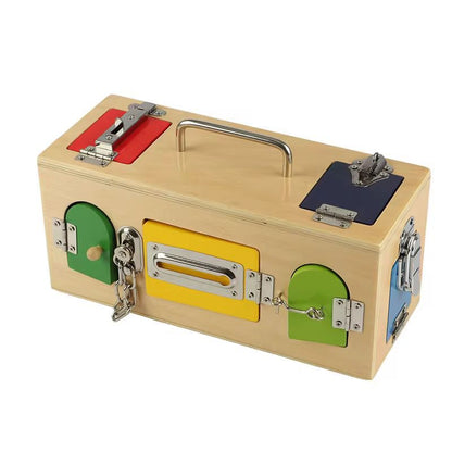 Montessori wooden lock box showing different lock mechanisms for hands-on practical life learning