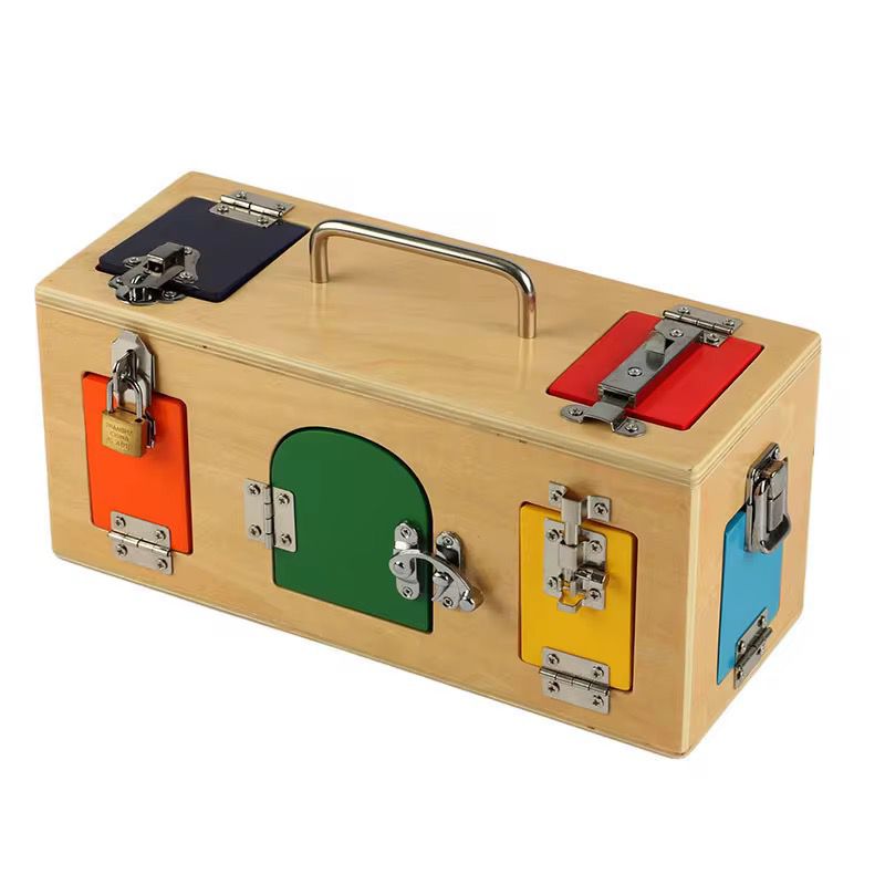Side view of Montessori lock box highlighting metal locks and latches for finger coordination practice