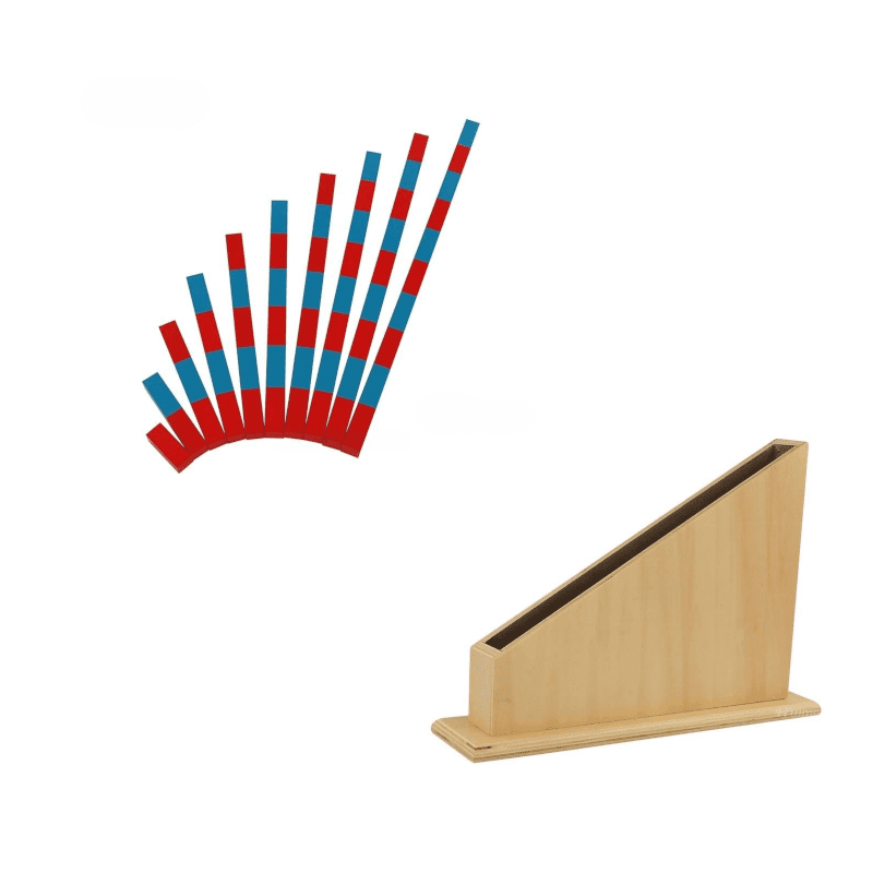 Montessori long numerical rods with wooden base in red and blue, sensorimotor math learning material for counting and number concepts