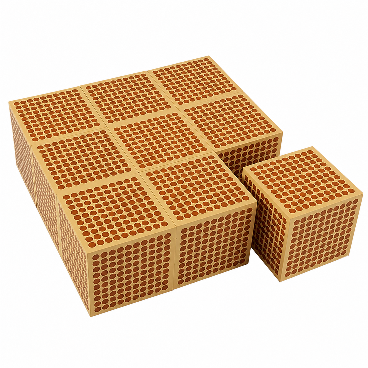 Set of 9 Montessori wooden thousand cubes used for place value and base ten mathematics activities. Natural wood educational material arranged neatly for hands-on learning of quantity, counting, and decimal system concepts