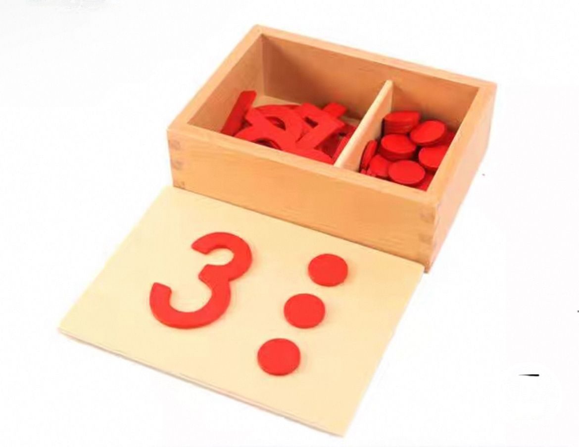 Montessori numeral cards with matching counters arranged for hands-on counting activities