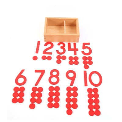 Montessori numerals and counters set with wooden box, red number tiles, and counters for counting and number recognition