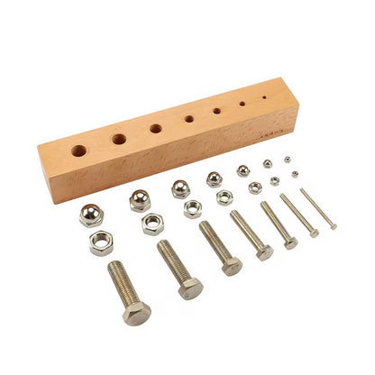 Montessori nuts and bolts set C showing different screws and bolts for hand strength and coordination practice