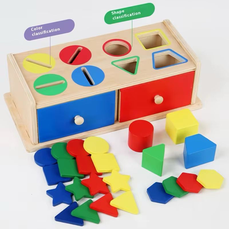 Wooden Object Permanence Box - Color and Shape Sorting with Dual Drawers