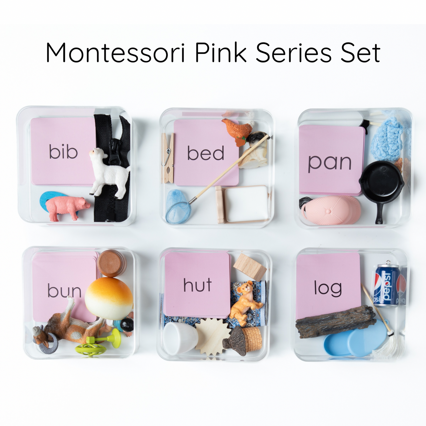 Montessori Pink Series classroom-ready language set with phonetic word cards, objects, and learning materials for early reading