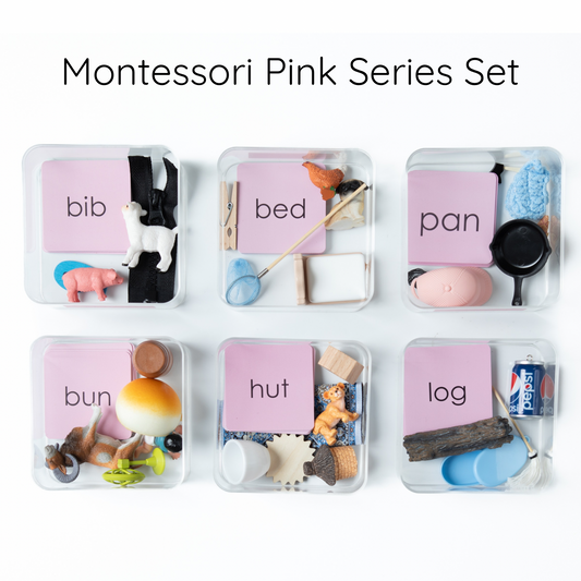 Montessori Pink Series classroom-ready language set with phonetic word cards, objects, and learning materials for early reading