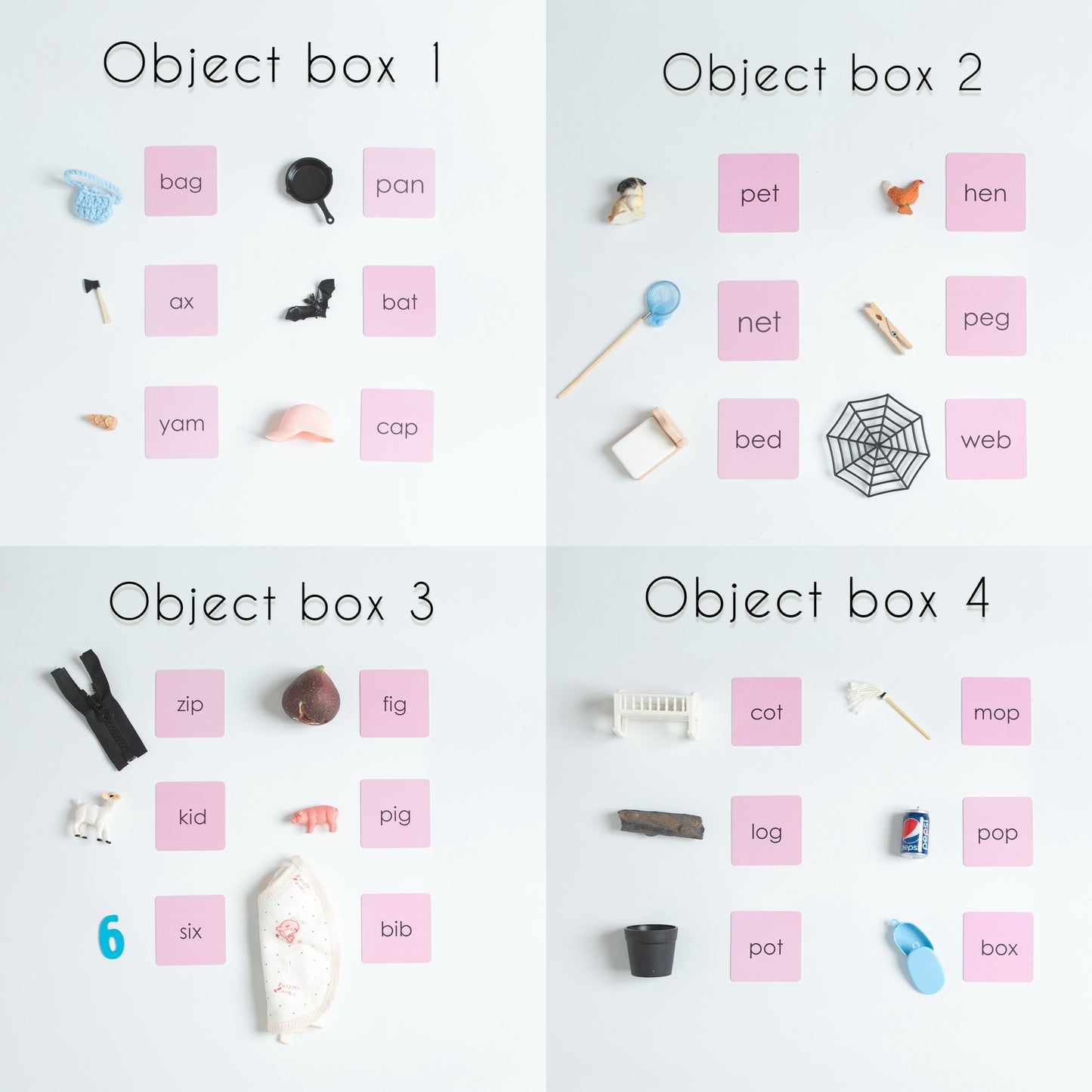 Montessori Pink Series Object Boxes 1–4 with phonetic word cards and miniature objects for language development.
