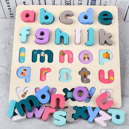 Wooden Alphabet Puzzle Board - Lowercase Letters with Phonics Picture Clues