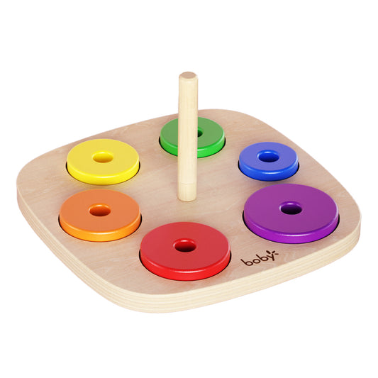 Montessori wooden rainbow stacking rings toy with colorful rings on a central peg, designed to develop fine motor skills, color recognition, hand-eye coordination, and early problem-solving for toddlers.
