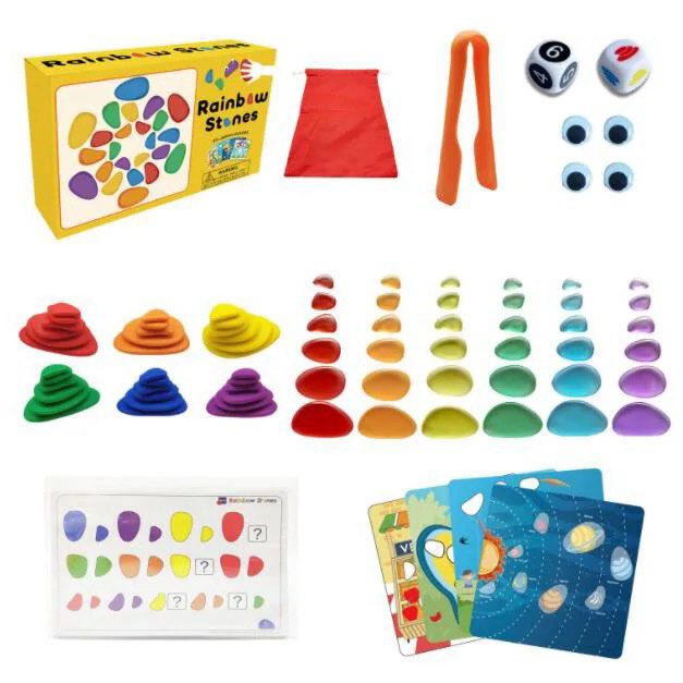 Montessori rainbow stones set with activity cards for color matching and sensory learning