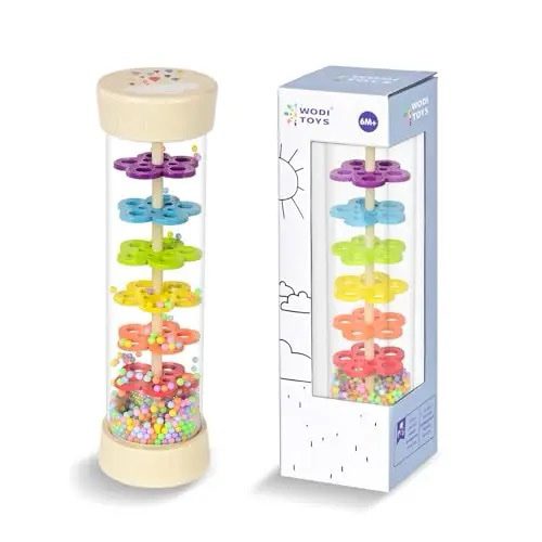 Montessori rainmaker rattle sensory toy with colorful beads in premium retail packaging
