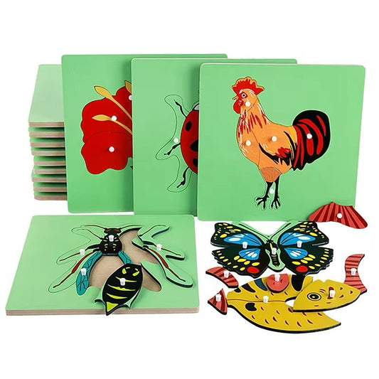 Montessori science puzzle set with zoology and botany wooden knob puzzles for hands-on learning and fine motor development